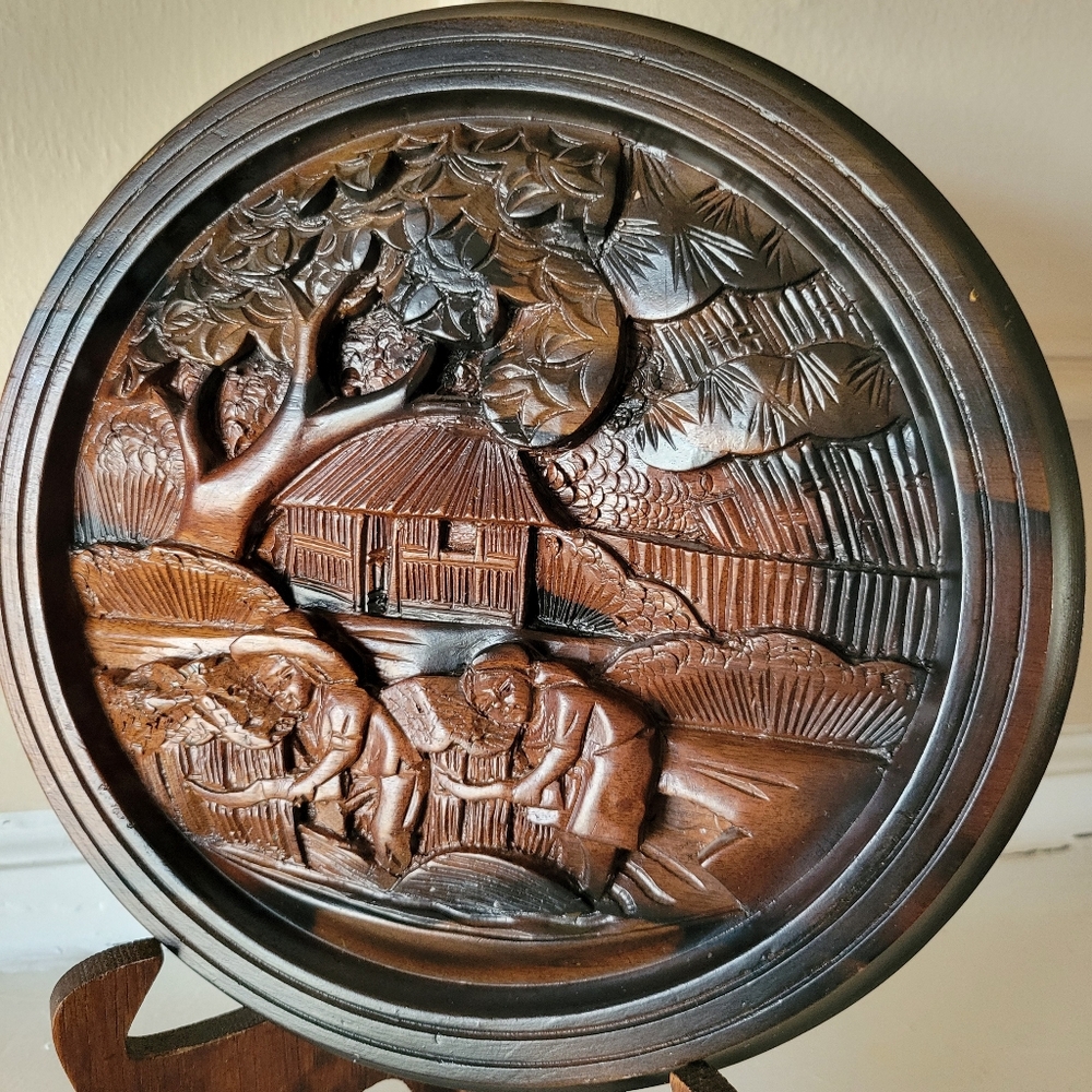 Vintage Hand Carved Decorative Wood Plaque Or Plate